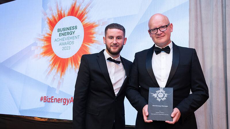 Adam Kane, senior sales executive at BusinessRiver, presents the best energy manager award to Andrew Mullen, Dairygold Co-Operative Society