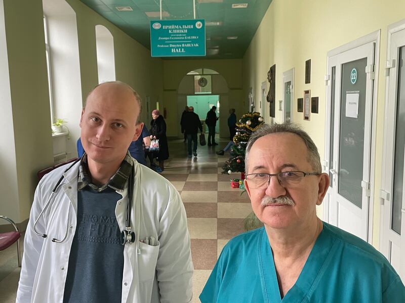 Father and son heart surgeons Vitalii and Dmytro Averchuk in Lviv, western Ukraine. Their department is still working intensely despite national power cuts caused by Russian missile strikes on the power grid. Photograph: Daniel McLaughlin