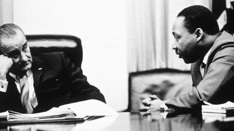President Lyndon B Johnson and Martin Luther King discuss the Voting Rights Act in 1965. Photograph: Hulton Archive/Getty