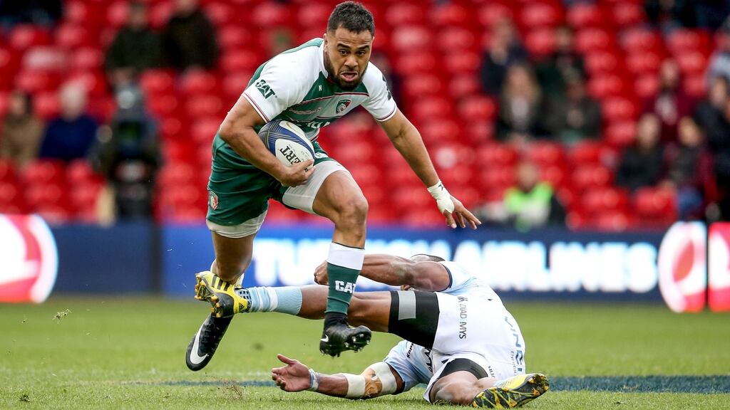 Leicester Tigers’ Telusa Veainu goes past Joe Rokocoko of Racing 92 in their semi-final clash. Photo: Dan Sheridan/Inpho