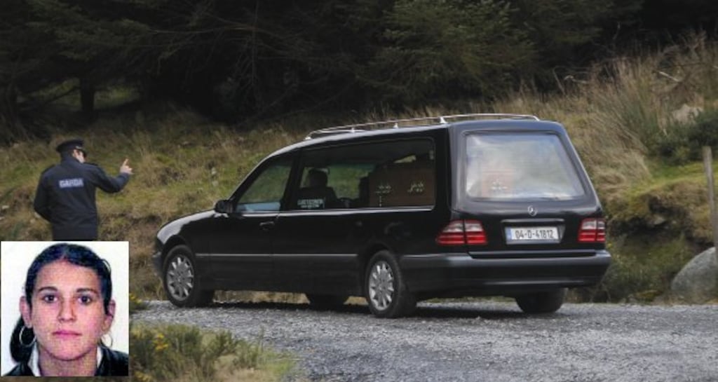 The body of Marioara Rostas (inset) being removed from the Manor Kilbride area of the Wicklow mountains, near the Sally gap in January 2012. Photograph: PA