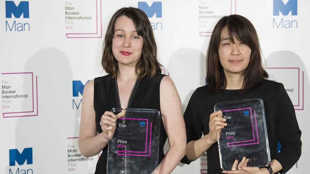 Deborah Smith (left), translator of the winning book, The Vegetarian, with author Han Kang at the Man Booker International Prize in London. Photograph: Jeff Spicer/Getty Images