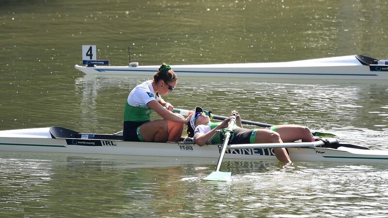 Ireland’s Aileen Crowley and Monika Dukarska celebrate Olympics qualification. Photograph: Detlev Seyb/Inpho