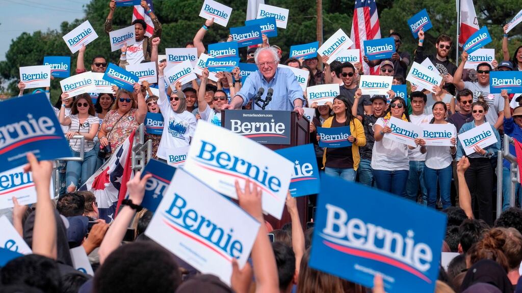 Democratic presidential hopeful Vermont senator Bernie Sanders speaks during a rally at Valley High School in Santa Ana, California. Photograph: Ringo Chiu/AFP via Getty Images