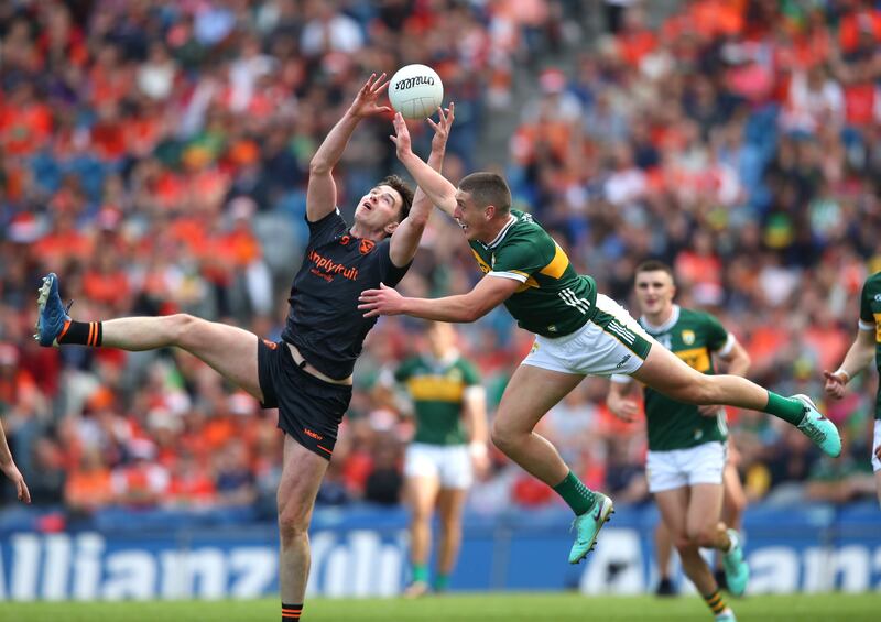 Kerry's Joe O’Connor challenges Ben Crealy of Armagh for a high ball. Photograph: Leah Scholes/Inpho