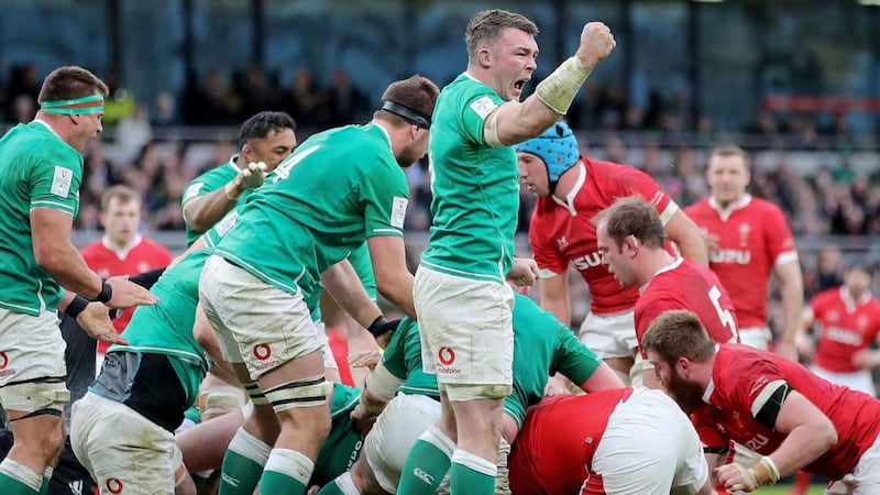 Peter O’Mahony celebrates during the game. Photograph: Bryan Keane/Inpho