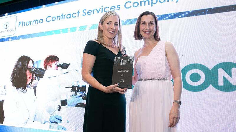 Judith Moffett, Director of Science, Technical Engineering, Supply Chain & Construction, Cpl presents the Pharma Contract Services Company of the Year award to Dr Adrienne Fleming, Awards Judge on behalf of ICON.