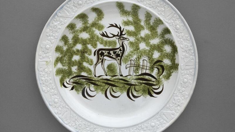Probably made by the Downshire Pottery,Belfast, Ireland. “Stag” Plate with Harp and Shamrock Border, c 1800–06. Private collection. Photograph: jamesfennell.com.