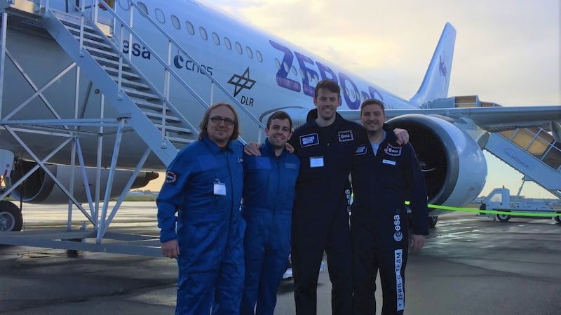 The Trinity research team with the Novespace Zero-G microgravity research aircraft, from left: Dr Tony Robinson, Dr Michael Gibbons, Dr Seamus O’Shaughnessy, Dr Maxime Rouzes