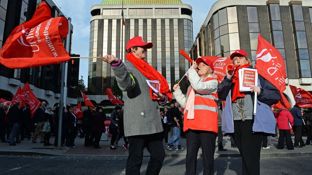 Irish Life workers engaged in a two-hour stoppage, over a pay dispute, recently. Photograph: Eric Luke / The Irish Times