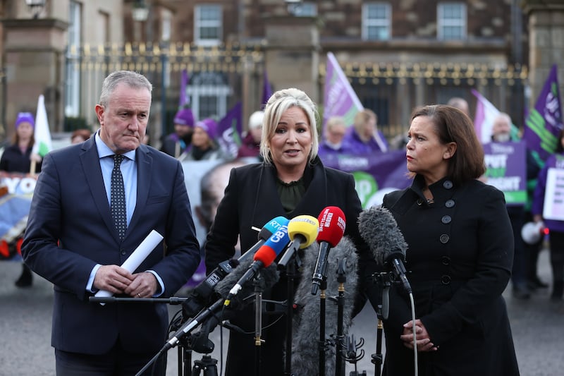 Sinn Féin MLA, Conor Murphy, party president Michelle O'Neill and Sinn Féin Mary Lou McDonald speak to media outside Hillsborough Castle after talks between Northern Ireland Secretary Chris Heaton-Harris and the main political parties. Photograph: Liam McBurney/PA Wire