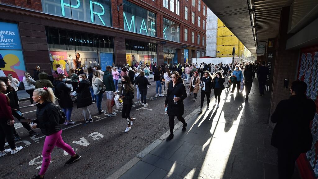 Thousands of shoppers wait for Primark to open in Belfast on April 30th, as non-essential retail shops and bars with outdoor facilities reopen. File photograph: Charles McQuillan/Getty Images
