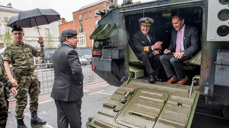Defence Forces chief of staff, Vice-Admiral Mark Mellett with Minister of State at the Department of Defence Paul Kehoe and One chief executive Ollie O’Connor at Merrion Square. Photograph: Brenda Fitzsimons/The Irish Times