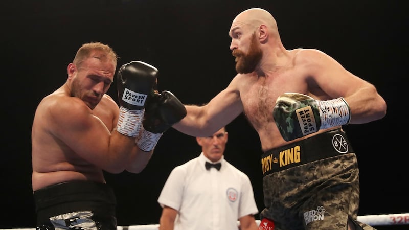 Tyson Fury in action against Francesco Pianeta during the heavyweight fight at Windsor Park in Belfast. Photograph: William Cherry/Inpho