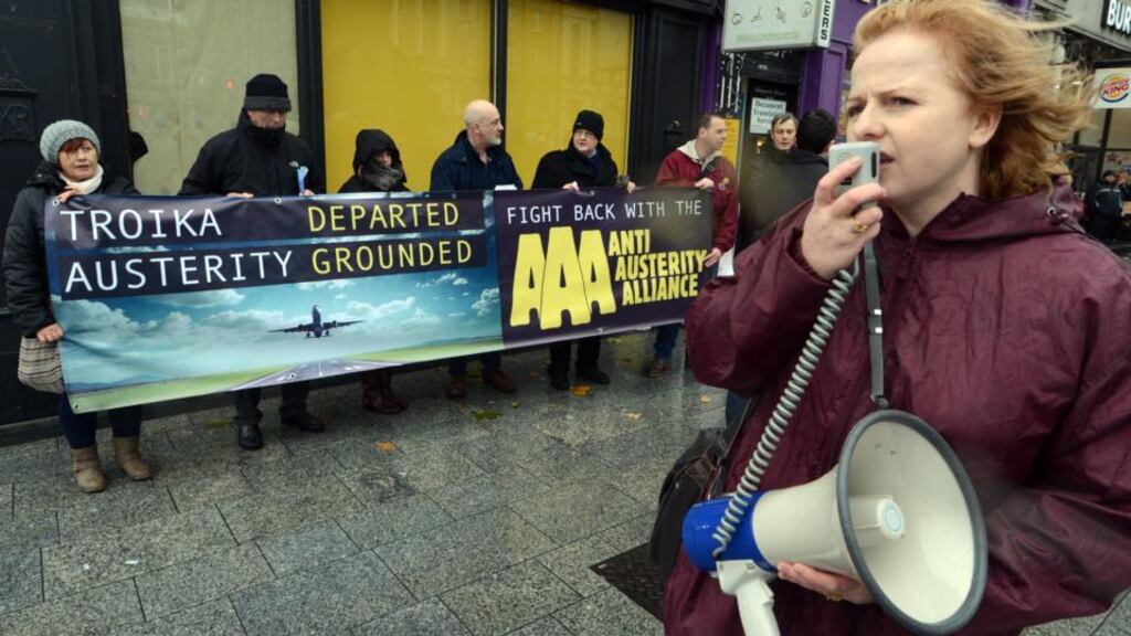 Cllr Ruth Coppinger with members of the Anti Austerity Alliance demonstrating on O’ Connell Street today.Photograph: Cyril Byrne/The Irish Times