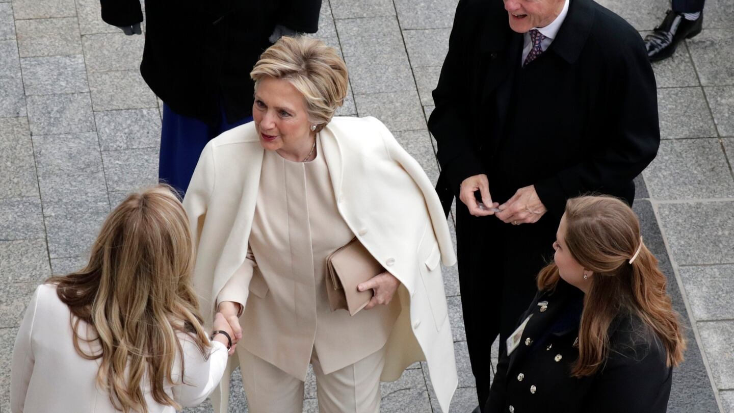 Former Democratic presidential candidate Hillary Clinton arriving before t Donald Trump is sworn. Photograph: John Angelillo-Pool/Getty Images
