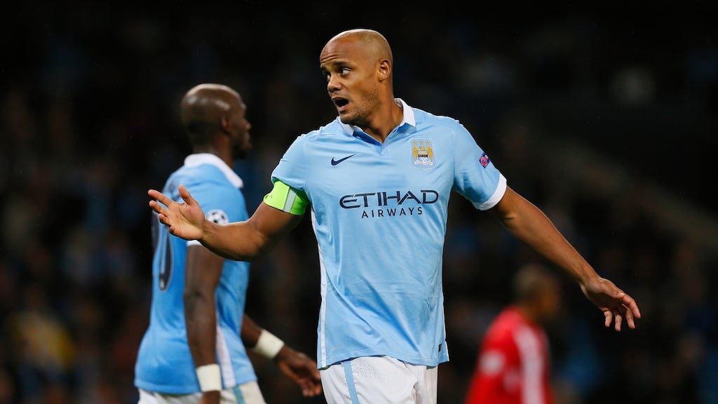 Manchester City’s Vincent Kompany may return for his side’s Champions League clash with Paris Saint Germain. Photo: Jason Cairnduff/Reuters