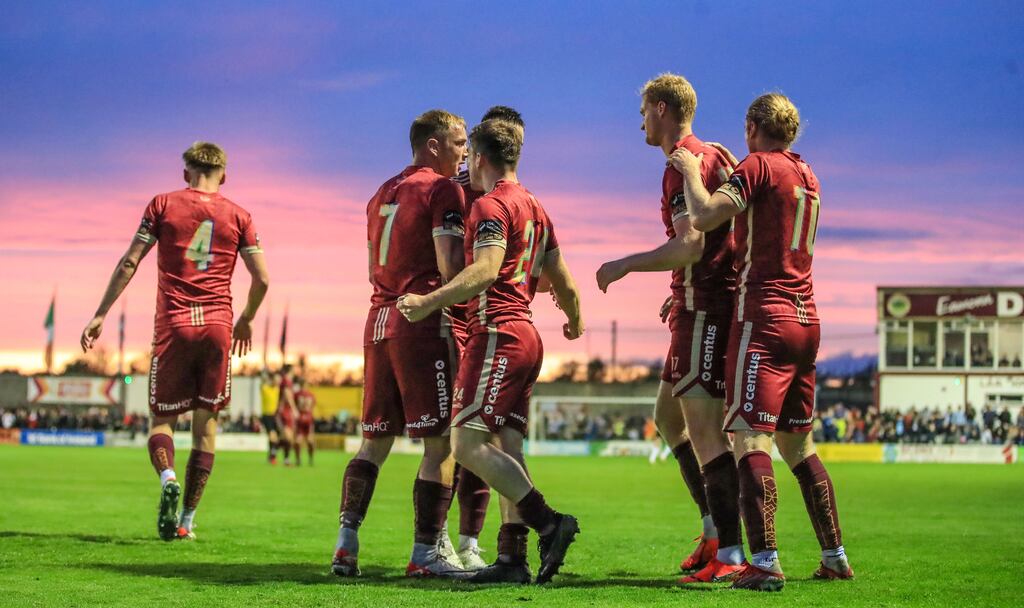 Galway United's Edward McCarthy celebrates scoring his side’s second goal during the Sports Direct FAI Cup quarter-final against Dundalk at Eamonn Deacy Park. Photograph: Evan Treacy/Inpho