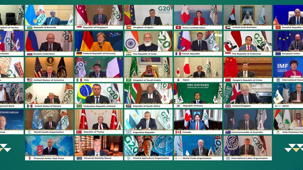 A handout photo from the G20 Riyadh Summit shows a combination of images of world leaders attending the virtual summit hosted by Saudi Arabia