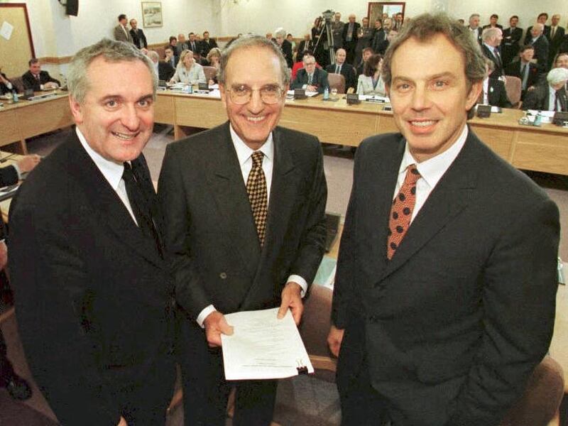 Senator George Mitchell (centre) with then taoiseach Bertie Ahern and UK prime minister Tony Blair on April 10th, 1998 after the signing of the Belfast Agreement. Photograph: Dan Chung/AFP/Getty