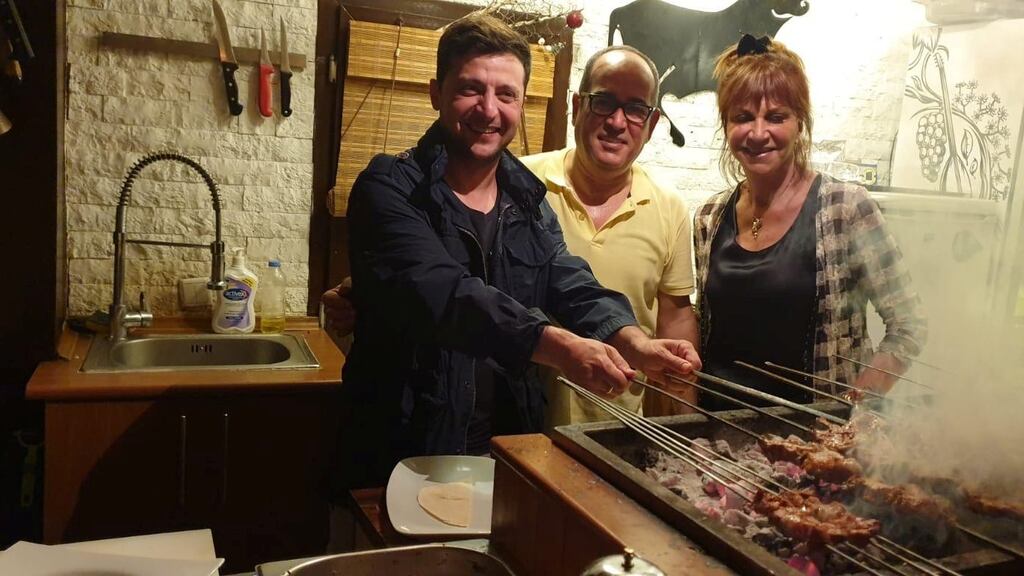 Ukraine’s president-elect Volodymyr Zelenskiy grills kebabs on a holiday in Bodrum, Turkey: in barbed exchanges with Vladimir Putin, he said Russians “suffer most of all”. Photograph: Neyzar Ozbek/Reuters