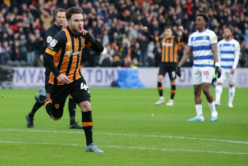 Aaron Connolly celebrates scoring Hull City's first goal during the Sky Bet Championship match against QPR at MKM Stadium. Photograph: Ian Hodgson/PA Wire