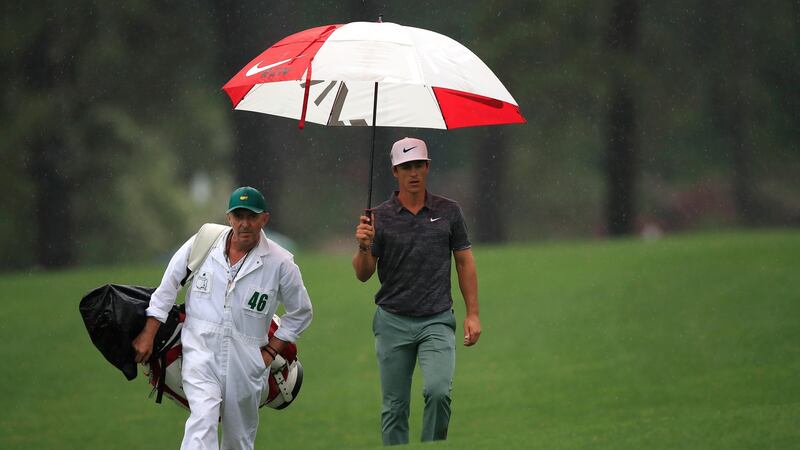 Thorbjorn Olesen amd caddie Phil Morbey during a practice round at Augusta. Photograph: Tannen Maury/EPA