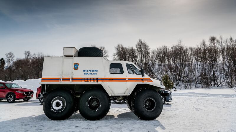 The Trekol 39294, a 6x6 amphibious monster truck, and our lead vehicle across the lake
