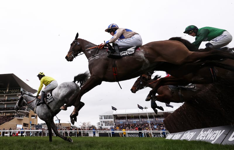 Crowning glory: Captain Guinness ridden by Rachael Blackmore take a flight on their way to winning the Queen Mother Champion Chase in March. Photograph: Michael Steele/Getty Images