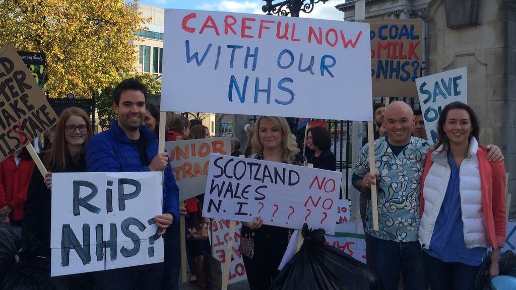 Junior doctors protesting outside Belfast City Hall on Saturday afternoon. Photograph: Amanda Ferguson