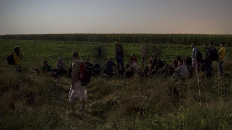 Migrants, hoping to cross into Hungary, sit on a field outside the village of Horgos in Serbia. Photograph: Marko Djurica/Reuters