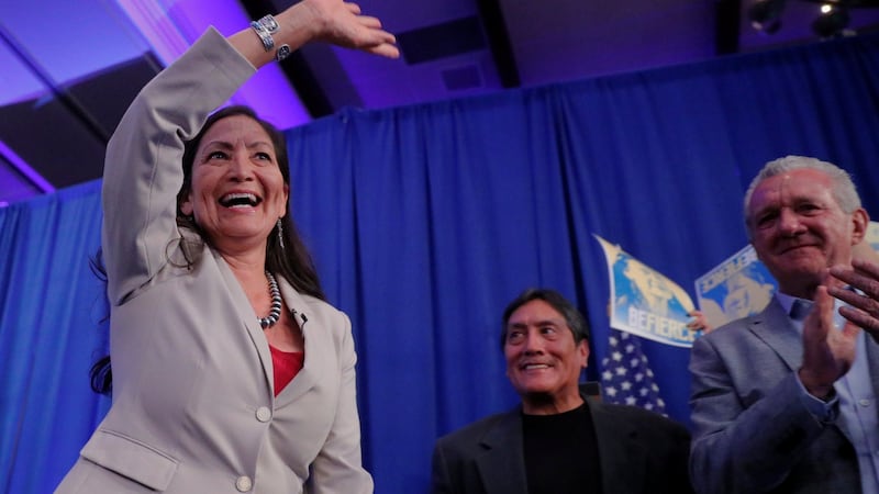 Deb Haaland takes the stage  in Albuquerque. Photograph: Reuters