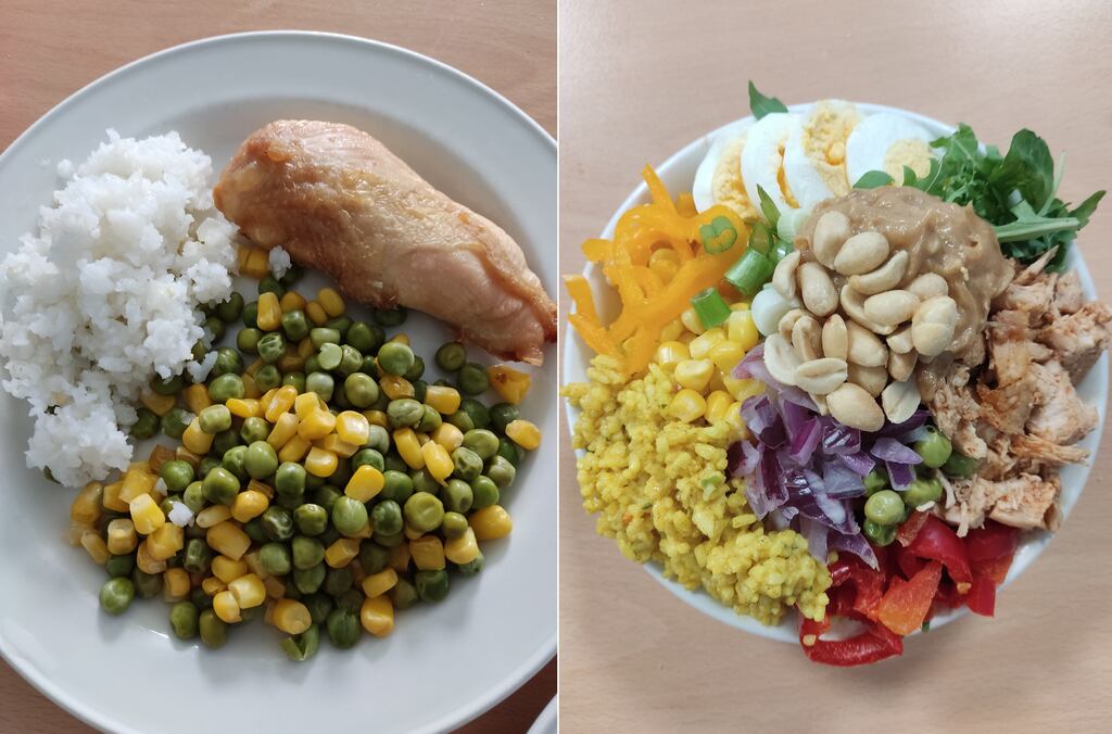 Winner winner chicken dinner: one of Diane Masterson's hospital meals before and after she transformed it