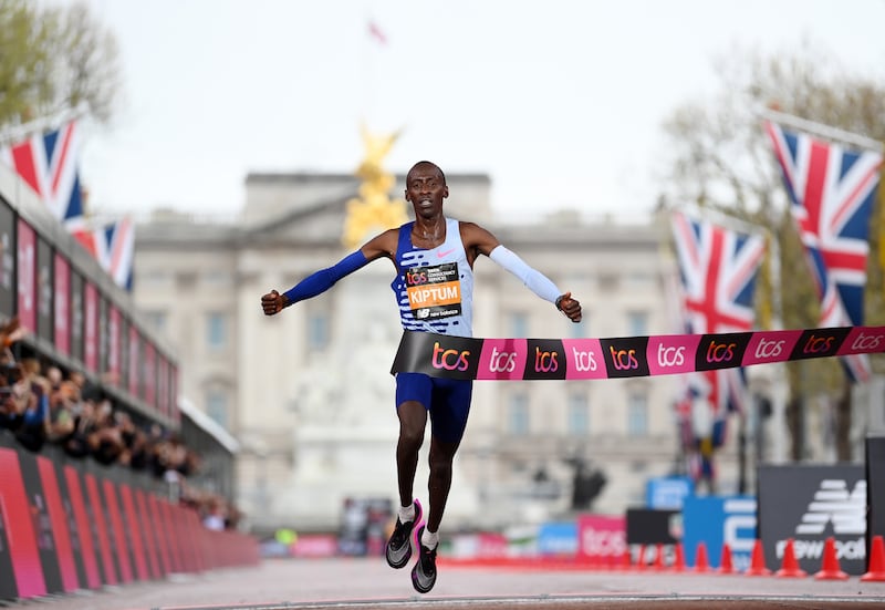 Kelvin Kiptum of Kenya crosses the finish line to win the Elite Men's Marathon in London. Photograph: Alex Davidson/Getty Images