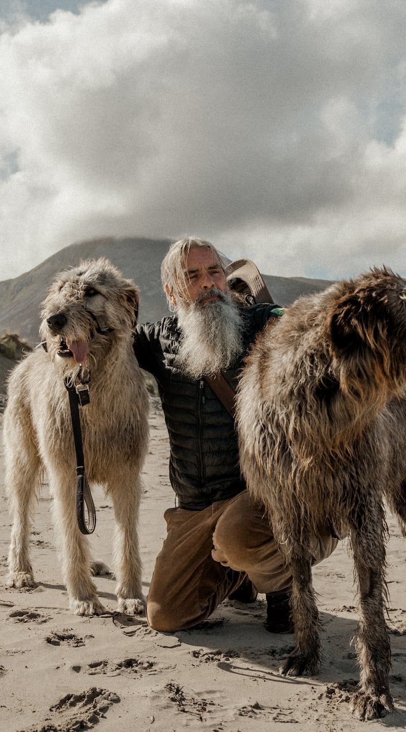 Tour guide Aidan O'Sullivan and his two Irish wolfhounds, Spéir and Mairtín, on Bertra Beach, Co Mayo. Photograph: Ellie Thorne