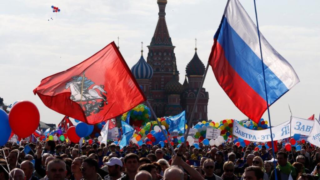 May Day celebrations in Moscow’s Red Square. Russia celebrated the annual spring and labour day holiday against a dispiriting economic backdrop. Photograph: Reuters/Sergei Karpukhin