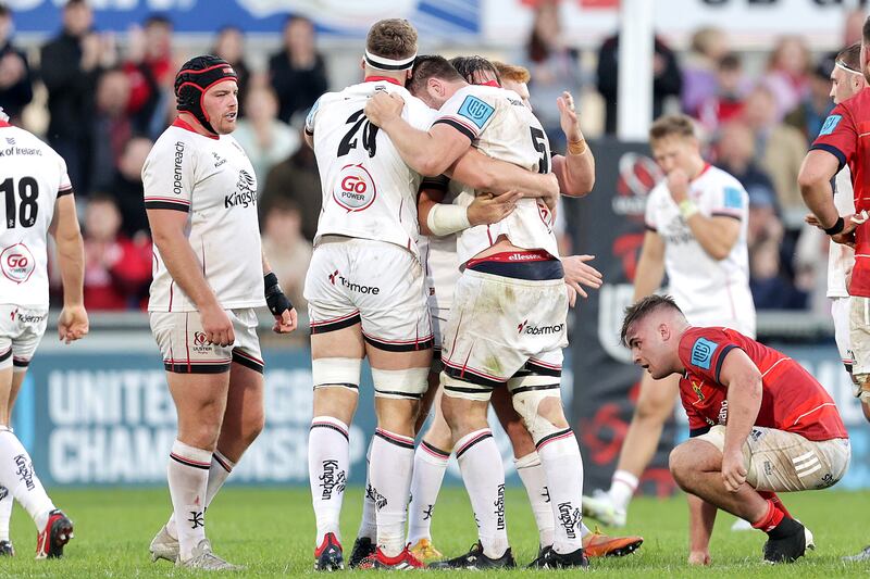 Ulster's Iain Henderson and team mates celebrate their 36-17 victory over Munster in the URC in June 2022. Photograph: Laszlo Geczo/INPHO