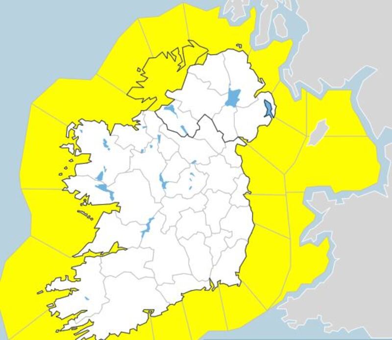A map from Met Éireann showing rain and wind warnings in place on Monday. Further warnings are in place for tomorrow.