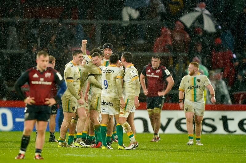Northampton Saints' players celebrate after the match. Photo: Niall Carson/PA Wire.