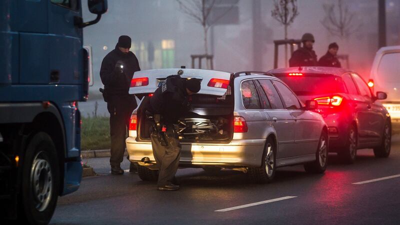 Police search cars on the border between Germany and France in Kehl, southern Germany, on Wednesday.Photograph: AP