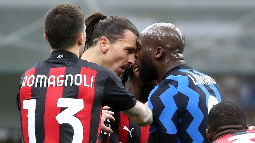 Zlatan Ibrahimovic and Romelu Lukaku clash during a fraught Milan derby. Photograph: Matteo Bazzi/EPA