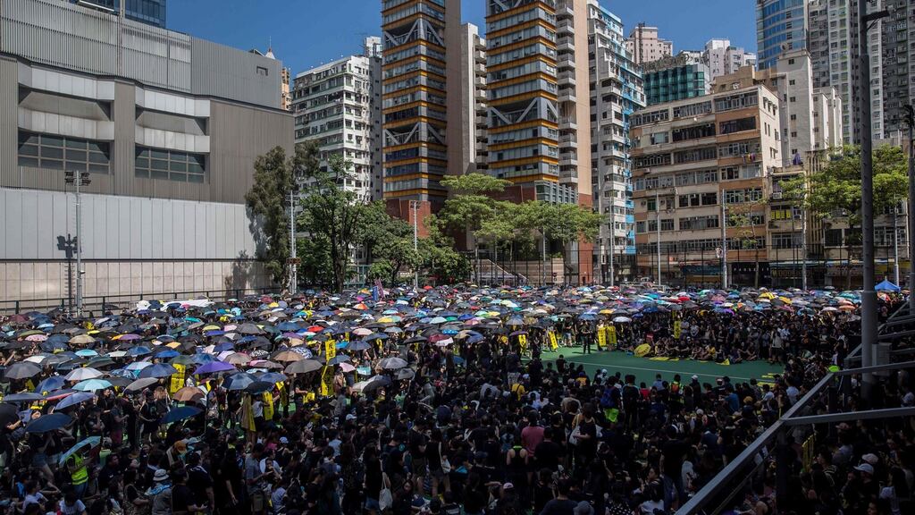 Protesters gather during a general strike in Mong Kok in Hong Kong on August 5th, 2019, as simultaneous rallies were held across seven districts. Photograph: Isaac Lawrence/AFP/Getty Images