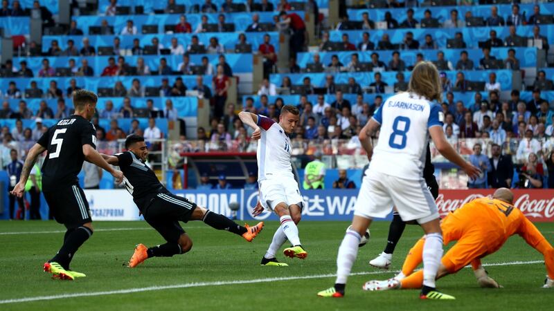 Alfred Finnbogason scores Iceland’s goal. Photograph: Ryan Pierse/Getty Images
