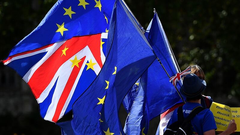 Anti-Brexit activists demonstrate opposite the Houses of Parliament in Westminster on Thursday. Photograph: Daniel Leal-Olivas/AFP/Getty Images