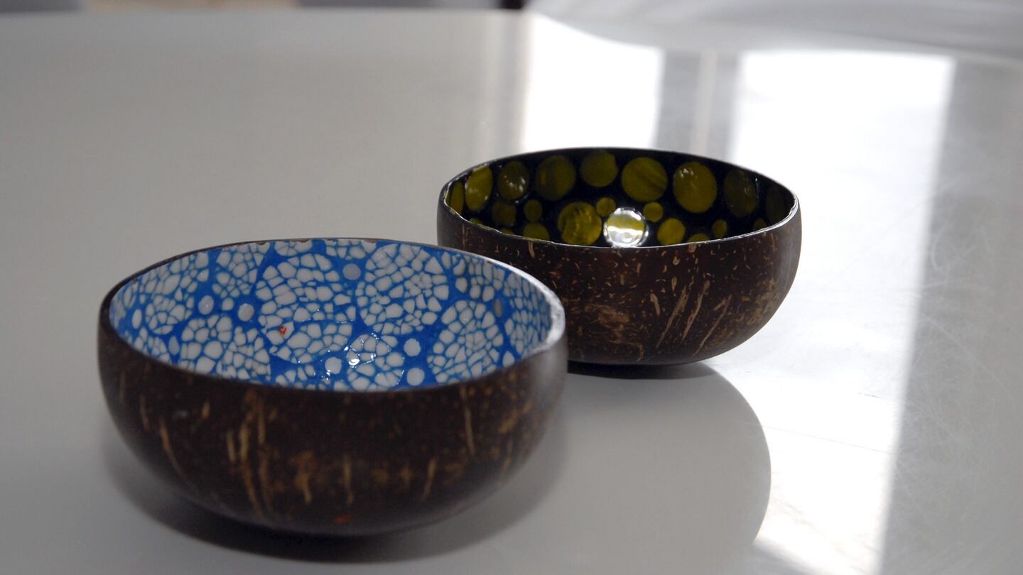 Elizabeth Francis’s painted and enamelled bowls made from coconut husks she got at last year’s Expo Milan