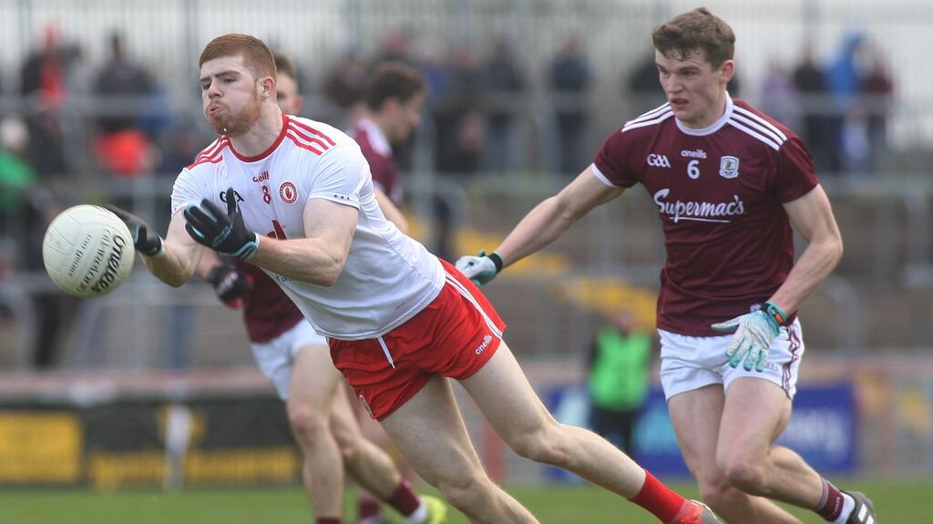Tyrone’s Cathal McShane in action against Galway’s John Daly during the Allianz Football League Division 1 match at Healy Park in Omagh. Photograph: Lorcan Doherty/Inpho