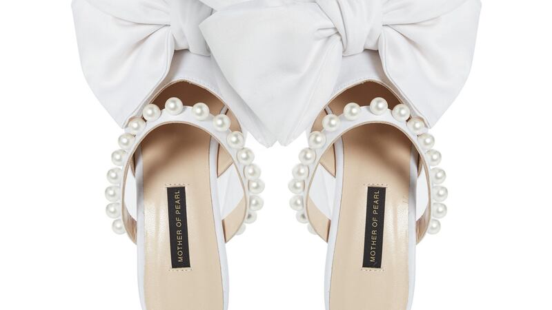 White silk bow and pearl shoes by Mother of Pearl €395, motherofpearl.com.