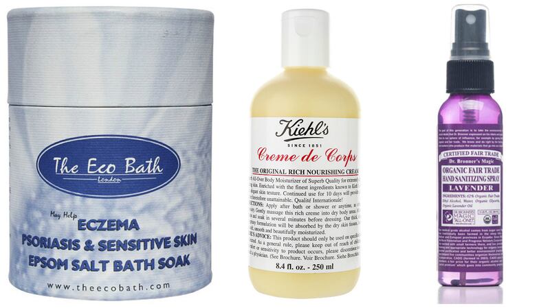 Epsom Salt Bath Soak (€9.99, Holland & Barrett); Kiehl’s Creme de Corps (€10.00 for 75ml, Arnotts); Organic Lavender Hand Sanitising Spray from Dr Bronner (drbronner.ie, €5.40)