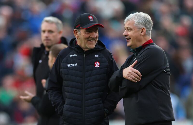 Mayo’s manager Kevin McStay with Mickey Harte. Photograph: James Crombie/Inpho