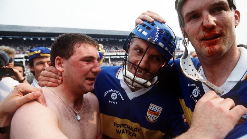 John Leahy celebrates with Cormac Bonner after the 1991 All-Ireland final win over Kilkenny. Photograph: Inpho